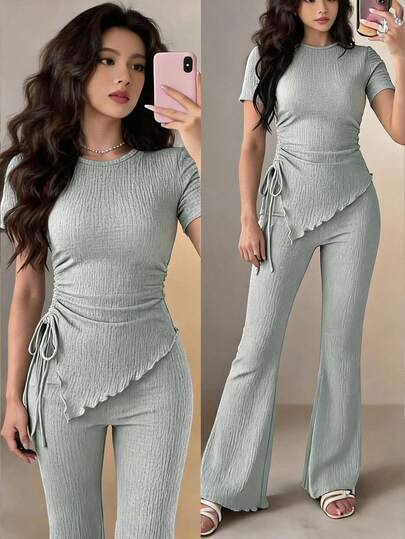 Feyla Bộ đồ hai mảnh dành cho nữ, màu trơn, cổ tròn, vạt bất đối xứng, tay ngắn nhún bèo, gồm áo và quần, thích hợp cho mùa hè.