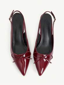 CUCCOO CHICEST Women's Romantic Elegant Pointed Toe Bowknot Thick Heel Sandals, Burgundy PU Leather Open Toe Backless High Heel Shoes For Wedding, Party, Date, Versatile For All Seasons - Burgundy - View 2
