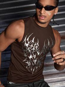 AXEPEAK Men's Hip Hop Street Graphic Print Round Neck Tank Top, Versatile - Coffee Brown - View 3
