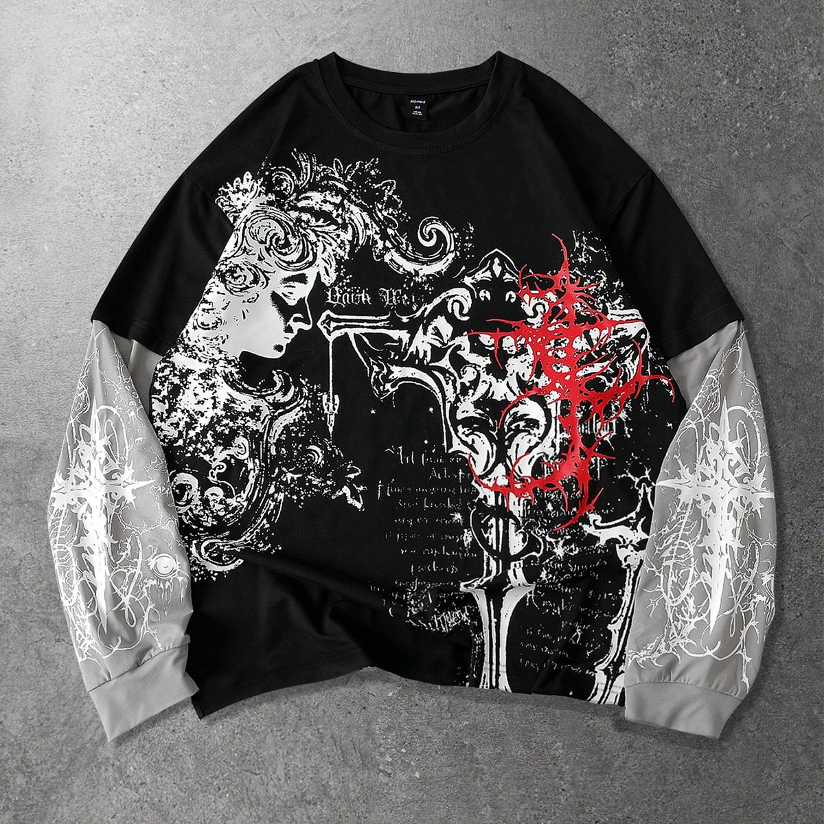 Camiseta de manga larga con estampado de cruz vintage gótica para hombres 2 en 1