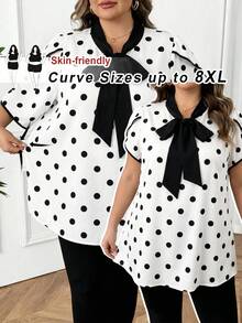 SHEIN CURVE+ 大尺碼女款夏季度假穿搭：優雅圓點花卉印花黑白圓點繫帶花瓣袖襯衫，適合各種場合與辦公室 - 黑與白 - 查看 8