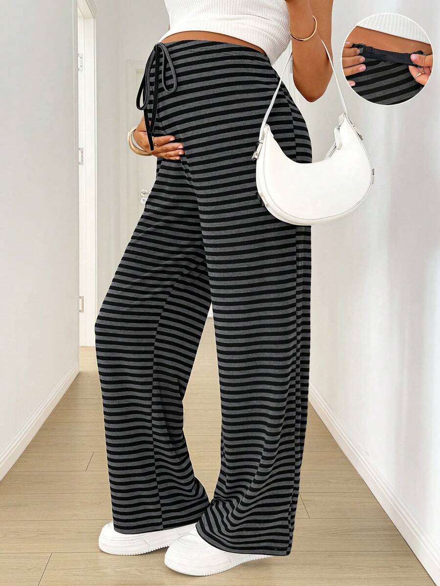 SHEIN Quần ống đứng kẻ sọc dáng rộng dành cho bà bầu - màu đen - Xem 1