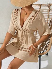 Swim Lushoire Women's Black Deep V-Neck Casual Cover Up, Spring/Summer - Khaki - View 6