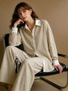 MOTF PREMIUM WOMEN'S SPRING SOLID COLOR LINEN-LIKE BAMBOO KNOT PATCHWORK SATIN ELEGANT SHIRT AND PANTS 2 PIECES SET - Khaki - View 4