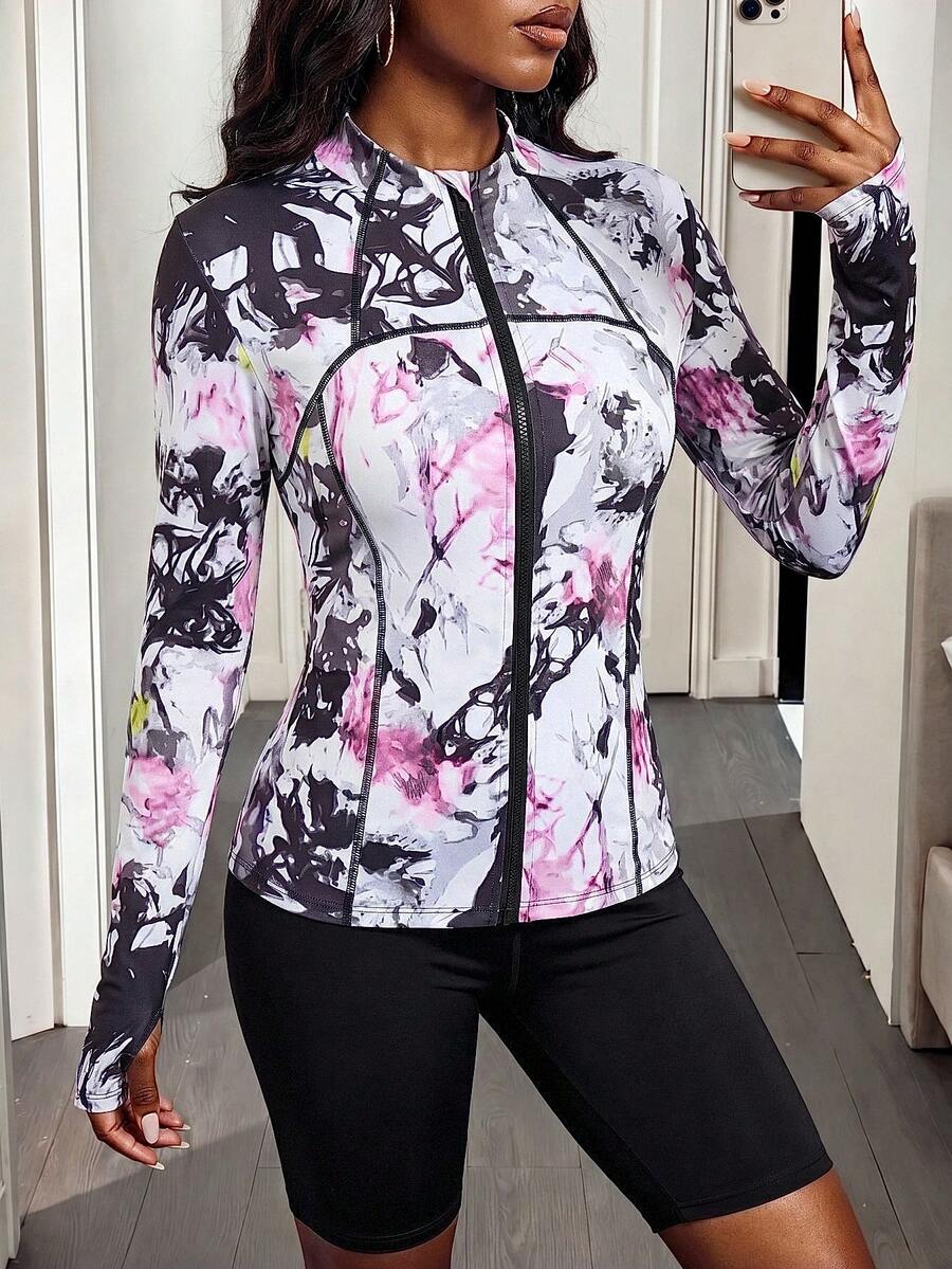 Exploreva Tie-Dye Zipper Front Fitted Sports Jacket - Multicolor - View 1