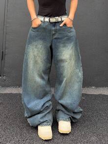 Manfinity EMRG Quần jeans ống loe nam phong cách thường ngày đường phố, in hình rồng Trung Quốc và chữ cái, đã qua xử lý giặt. - Rửa nhẹ - Xem 2