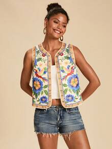 Travachic Áo tank top phong cách thường ngày đi nghỉ mát, in họa tiết hoa và chim nhiệt đới. - Nhiều màu - Xem 4