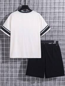 SHEIN 2pcs/Set Kids Tween Boy Beige Summer Streetwear School Back-To-School Y2K Style English Letter & Number 67 Sports American Colorblock T-Shirt & Pants - Apricot - View 5