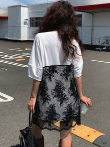DAZY 女士蕾丝拼接无袖二合一短袖连衣裙 - 黑與白 - 查看 3