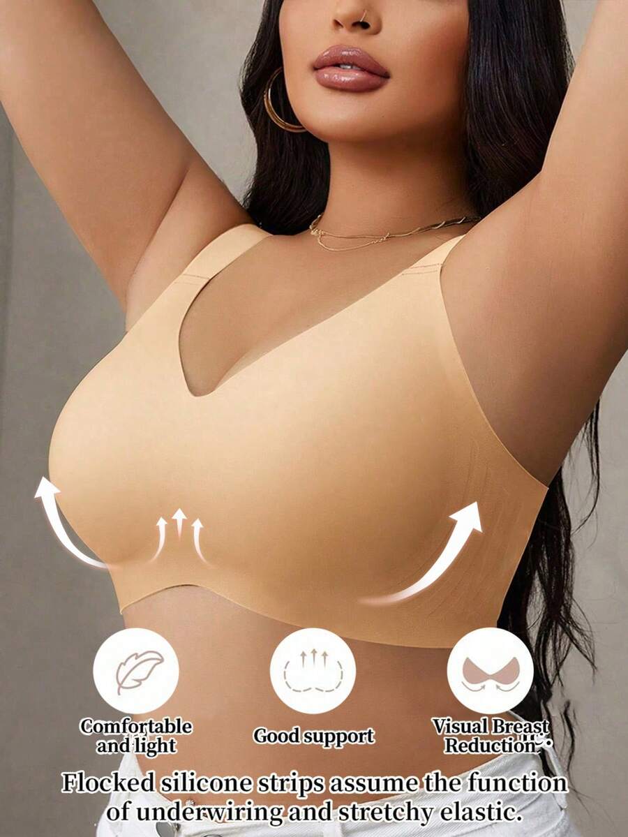 Plus Size Women Seamless Bra Gel Strap Soft Support Wireless Push Up Bra - Apricot - View 1