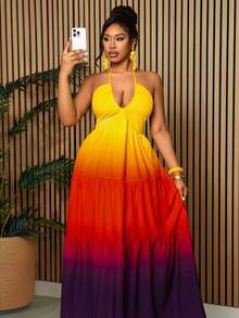 Villa Velisse Plus Size Women Elegant Brown Summer Satin Beach Vacation Holiday V-Neck Backless Big Bow Ombre Maxi Dress 3D Gradient Waist Cinched Ruffle Hem Design - Multicolor - View 6