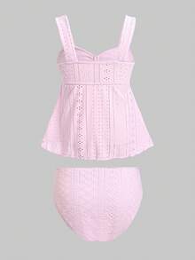 SHEIN 少女度假海滩夏季系带吊带背心泳衣套装 - 粉色 - 查看 2