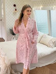 CottageSlumber Plus Size Floral Plaid Print Bubble Crinkle Long Sleeve Robe - Pink - View 6
