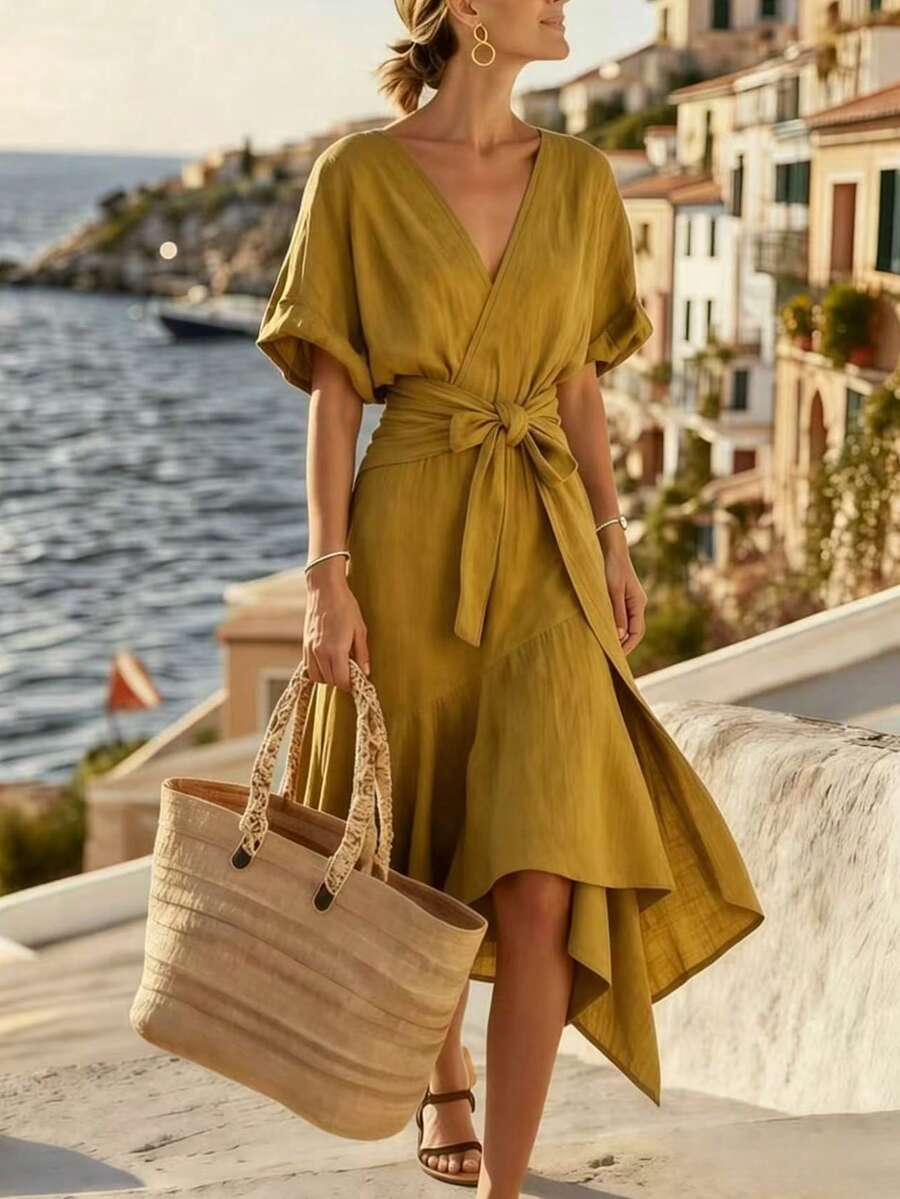 SHEIN Holidaya V领系带中长连衣裙 - 适合休闲、海滩、度假和日常穿着,波西米亚风蓝色不对称下摆连衣裙 | 女士夏季度假必备单品,轻盈裹身裙,优雅休闲 | V领短袖连衣裙,旅行和派对的完美之选 - 黃色 - 查看 1