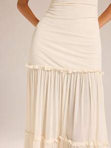 SHEIN BAE Đầm maxi màu mơ, cổ chữ V sâu, xếp ly, phối lưới, kiểu dáng gợi cảm quyến rũ cho kỳ nghỉ và tiệc tùng. - Màu be - Xem 7