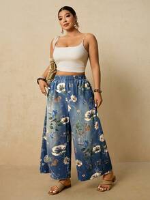 Travachic Plus Size Floral Print Loose Fit Denim Jeans - Dark Wash - View 7