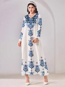 Al Najma 女士V领碎花休闲连衣裙，适合聚会和外出穿着 - 彩色 - 查看 3