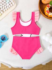 SHEIN GraphicGems Infant/Baby GirlSwimsuit, Cute Cat Applique Print Ruffle One-Piece Swimwear, Suitable For Summer Vacation, Beach, Swimming Pool - Hot Pink - View 2