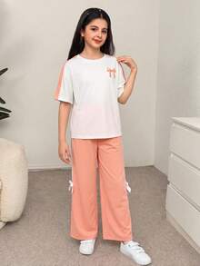 SHEIN 2pcs/Set Tween Girls Casual Retro Oversized Raglan Sleeve Contrast Color Bow Print Round Neck T-Shirt And Straight Leg Sweatpants Knit Suit, Pink - Pink - View 6