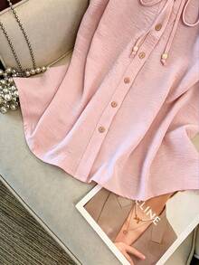 GlowEve CURVE Plus Size Women Elegant Solid Color Round Neck Contrast Color Single-Breasted Drawstring Tank Top Sleeveless Brunch Dusty Pink Summer - Baby Pink - View 8