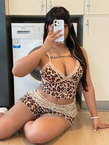 ZzzCrew Sexy Leopard Print Lace Patchwork Camisole & Shorts Plus Size Sleepwear Set - Multicolor - View 3