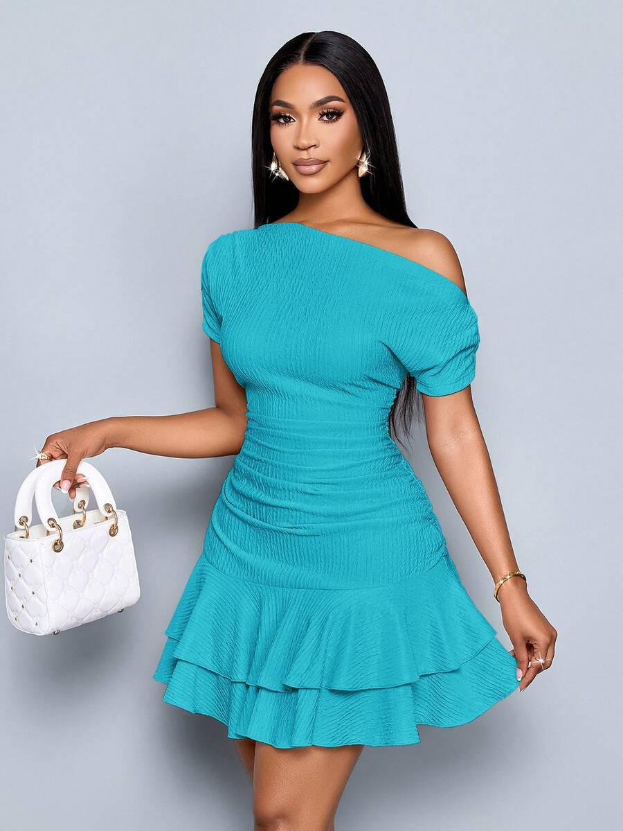 SOLERSUN Women's Elegant Party Daytime Apricot Knitted Asymmetrical Neck Neck Long Sleeves Gathered Double Ruffle Mini Dress - Blue - View 1
