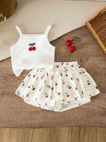 SHEIN 2pcs/Set Young Girls Summer Embroidered Knit Vest&Ditsy Floral Skirt Shorts,Casual Cute Cherry Leopard Gingham Print Camisole Top Matching Outfit Set - Multicolor - View 3