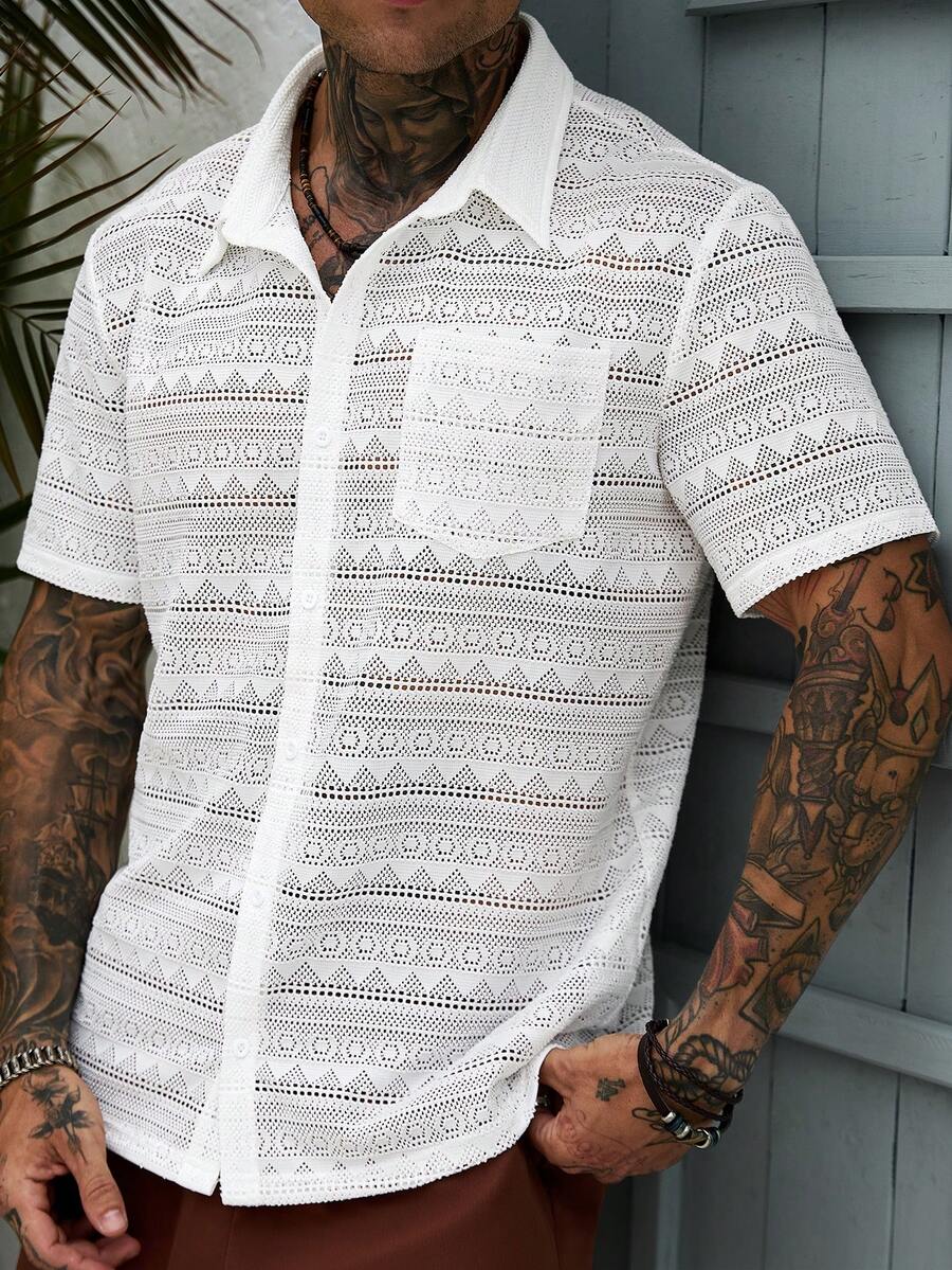 Manfinity CasualCool Camisa de punto para hombre, estilo casual maduro, diseño de malla calada para una vestimenta transpirable y cómoda, regalo ideal para novio o esposo