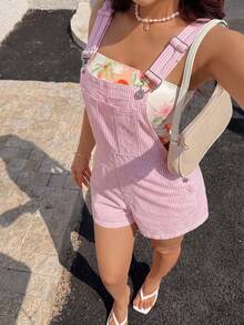 Sunnyshic 夏季休闲条纹水洗牛仔连体裤 - 粉色 - 查看 3