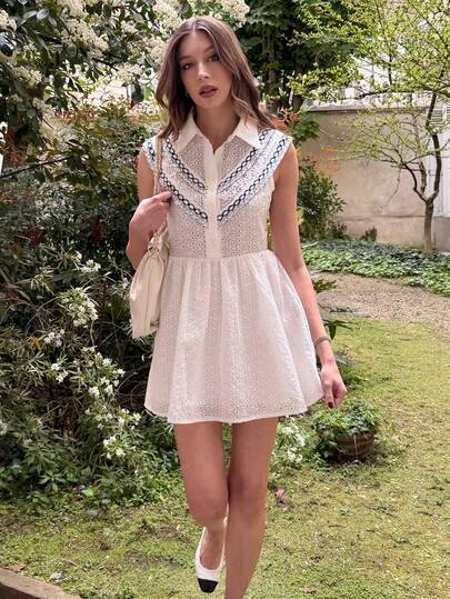 Pariaura Women's Summer New High-Quality White Hollow-Out Linen Sleeveless Dress | Black Lace Lapel Open Front + Waist-Cinched A-Line Skirt, French Elegant Retro Mature Style, Breathable Linen Fabric, Vintage Sweet Cool Vibe, Suitable For Workplace Commute, Cafe Dates, Hanging Out With Friends, City Strolls, Daily Outings, Women's Summer Dress, Women's Summer Outfit, Vacation Dress, Women's Elegant Dress, Women's French Style Dress