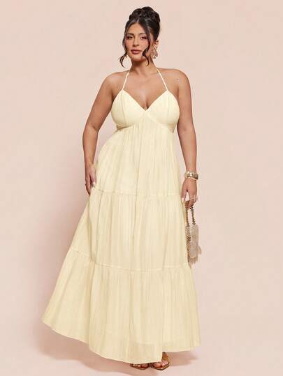 SHEIN BAE Plus Size Women Solid Color Halter Neck Ruched Casual Party Dress
