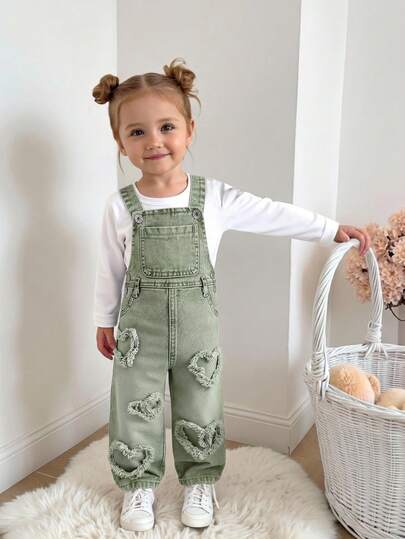 SHEIN Playful Pals Baby Girl Heart Trim Casual Pocket Denim Bib Overall Pants