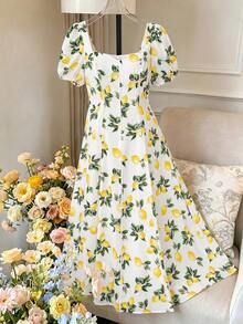 FleurLily Elegant White Summer Ditsy Floral Dress With Square Neck,Puff Sleeves,Waist Cinching,Ruffle Hem,Flowy A-Line Silhouette,Curve Party Holiday Garden - Multicolor - View 7