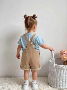 Baby Girls' Denim Overalls, Rainbow & Star Embroidery, Relaxed Fit, Comfortable Washed Denim Bib Pants - Khaki - View 4