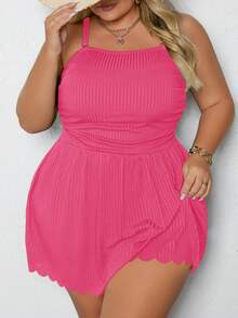 SHEIN CURVE+ Plus Size Women Ruched Spaghetti Strap Tankini Top And Triangle Bottoms Swimsuit Set - Hot Pink - View 1