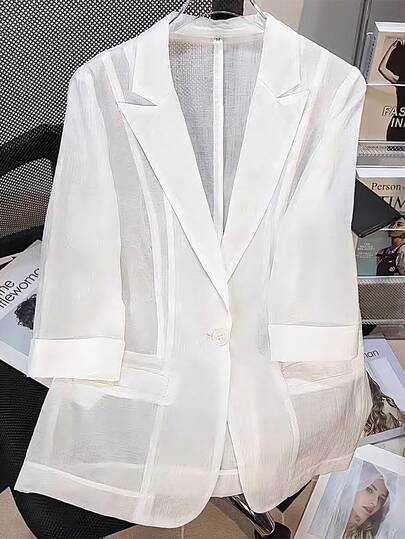 GlowEve CURVE Plus-Size Women's Single-Breasted Blazer With A Gun-Style Collar, Made Of Transparent Crinkled Fabric, Solid Color, Minimalist Casual Short Sleeves, Thin Version, Suitable For Summer Wear