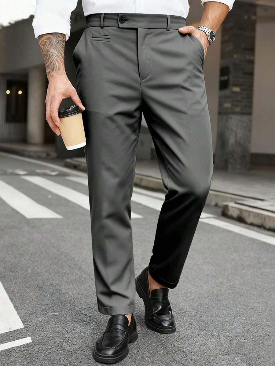 Manfinity Mode Men Plus Size Solid Color Pocket Business Casual Formal Suit Trousers, Ceremony - Dark Grey - View 1