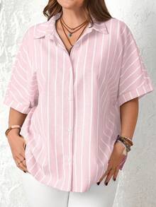 Rosumi Plus Size Line Print Short Sleeve Casual Shirt - Pink - View 3