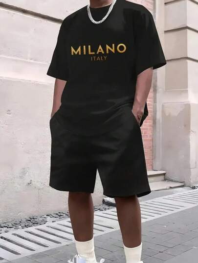 HSHCJ Conjunto Deportivo de Verano para Hombre de 2 Piezas - Camiseta Blanca Extra Grande y Pantalones Cortos Negros con Letras Doradas Italianas y Estampado 'MILANO', Perfecto para Uso Casual en el Gi