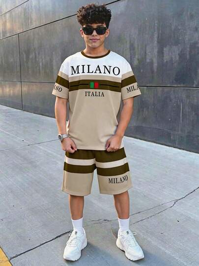Teen Boy Casual Comfortable Minimalist Round Neck Short Sleeve T-Shirt And Shorts Set, Classic Italian Milan Text Graphic Print, Striped Pattern Print