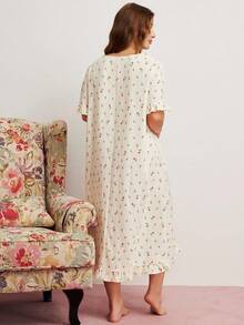 Elorette Camisón, vestido para dormir, vestido largo, muu muu de talla grande para mujer con estampado de rosas, volantes de gasa, cuello cuadrado, detalles cómodos y elegantes con esplendor floral abundante - Albaricoque - Ver 3