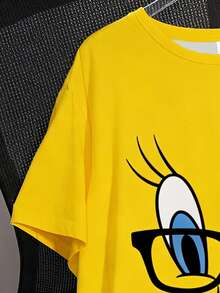 LOONEY TUNES X SHEIN GraphicGems 少女卡通眼镜印花黄色圆领T恤，休闲夏季款 - 黃色 - 查看 3