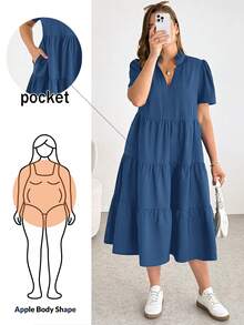 SHEIN Essnce Gaun Midi Biru Lengan Pendek Kasual Longgar Nyaman untuk Wanita Ukuran Plus Musim Semi/Panas, Serbaguna, Cocok untuk Sehari-hari - Biru - View 1