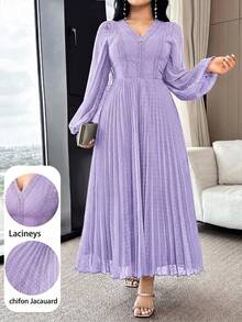 Modelyn Đầm nữ thanh lịch tay phồng phối ren tương phản, xếp ly, dài ngang gối. - Màu tím - Xem 1
