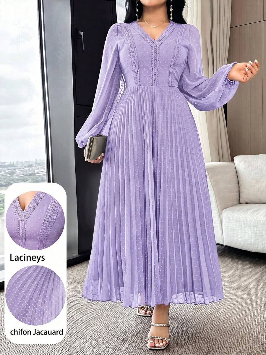 Modelyn Đầm nữ thanh lịch tay phồng phối ren tương phản, xếp ly, dài ngang gối. - Màu tím - Xem 1