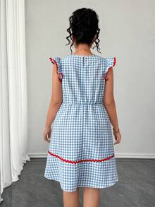 Elenzga Plus Size Summer Casual Plaid Patchwork Ribbon & Ruffle Hem Dress - Blue - View 2