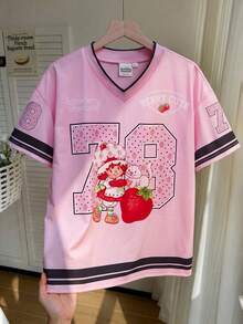 Strawberry Shortcake X SHEIN 1pc Cute & Fun Style Girls' V-Neck T-Shirt - Pink - View 1