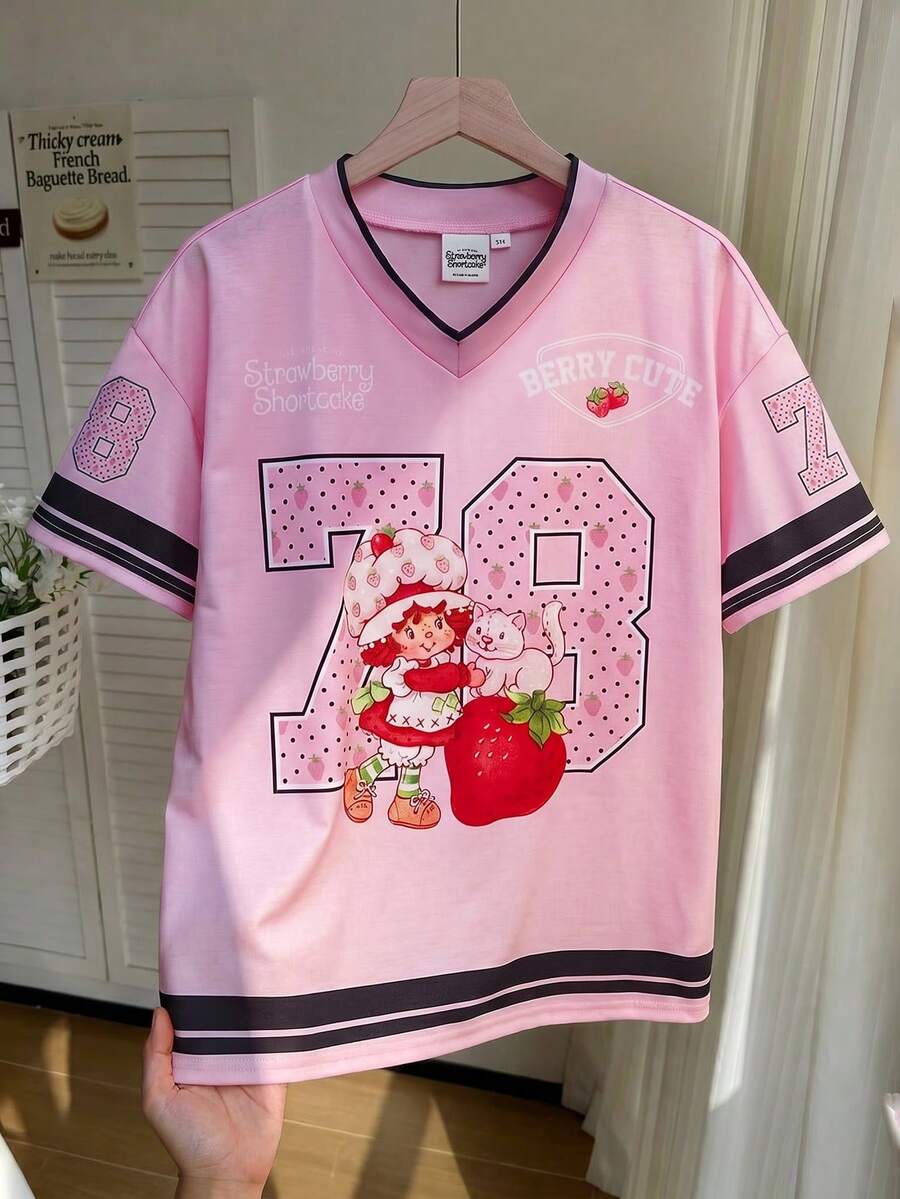 Strawberry Shortcake X SHEIN 1pc Cute & Fun Style Girls' V-Neck T-Shirt - Pink - View 1