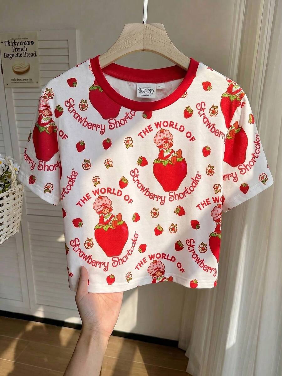 Strawberry Shortcake X SHEIN 少女草莓卡通印花短袖T恤 - 黑色 - 查看 1