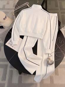 SHEIN Women's Casual Zipper Collar Vacation Hoodie Set - White - View 2